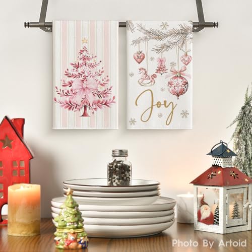 Pink Porcelain Christmas Kitchen Towels Set of 4 18x26 Inches - Artoid Mode