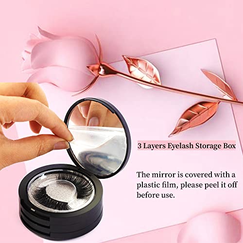Black 3-Layer Round Eyelash Storage Case with Mirror & Lash Clips