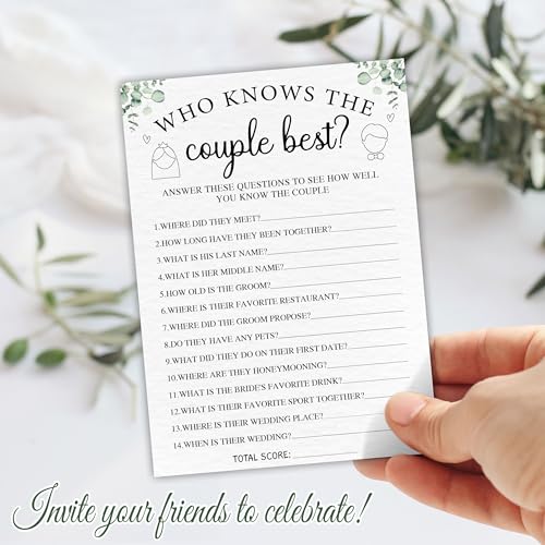 Bridal Shower Game Cards - Who Knows the Couple Best? | Eucalyptus Theme | 30 Guests