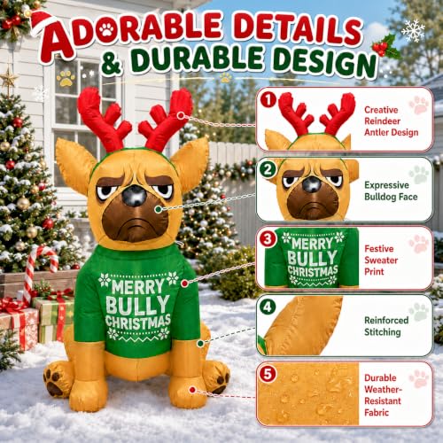 4.3FT Christmas Inflatable Bulldog with LED Lights - Green Variation