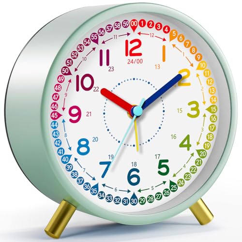 Kids Alarm Clock Green Silent Non-Ticking Learning Clock for School Beginners