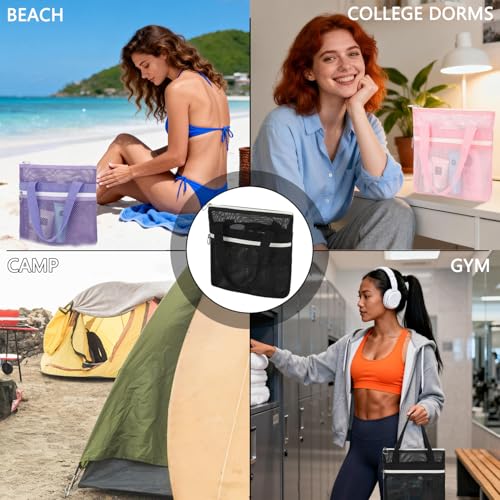 Small Black Mesh Shower Caddy with Zipper Pockets - Quick-Drying Portable Tote