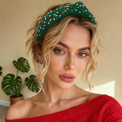 YISSION Green Christmas Knotted Headband - Beaded & Sequined Wide Hair Hoop