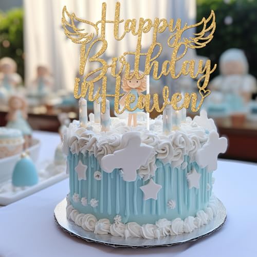 Happy Birthday in Heaven Cake Topper - Gold Glitter Memorial Decoration