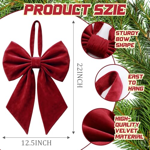 Dark Red Velvet Christmas Bow for Tree Topper 22 Inches - Janinka