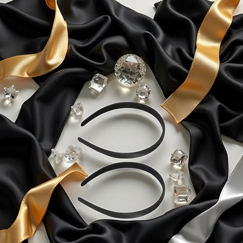 Black Satin Headbands Wide Anti-Slip Hair Hoops 2-Pack for Women and Girls