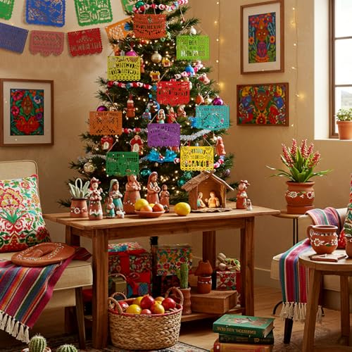 Mexican Wooden Christmas Ornaments Set - Papel Picado Style, 12 Pieces