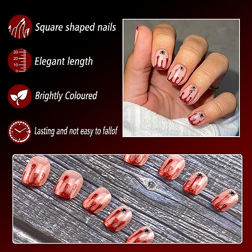 HOXIEYA Halloween Press on Nails Red Blood Spooky Spider Fake Nails Square
