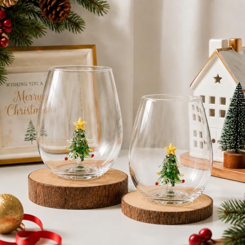 Christmas Tree Stemless Wine Glasses - 3D Tree Inside, Set of 2 - Holiday Decor