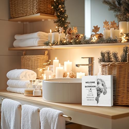 DAYOUER Black & White Goldendoodle Wooden Bathroom Sign - Funny Dog Decor, 5x5 Inches, Variation: Golden Doodle4