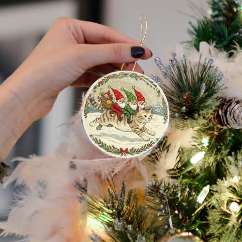 Funny Gnome Riding Cat Christmas Ornament 3.6 in Acrylic Holiday Decor