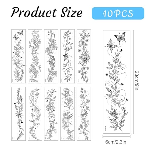 Floral Temporary Tattoos 10 Sheets Waterproof Fake Body Art