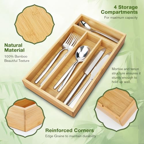 Silverware Drawer Organizer Bamboo Cutlery Tray with Grooved Dividers