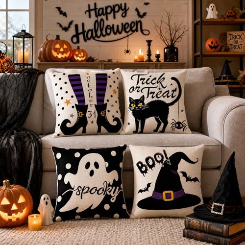 Ditother Halloween Pillow Covers 18x18 Set of 4, Purple Spooky Throw Pillows
