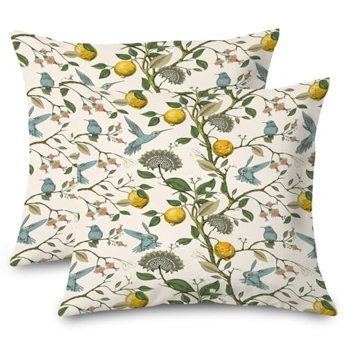 Supwhd 18x18 Inch Chinoiserie Pillow Cover with Hummingbird & Lemon Design - Set of 1