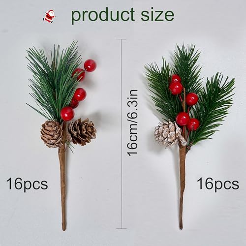 Artificial Pine Picks 6.5 Inch Christmas Decoration Set - Red Berries & Pinecones