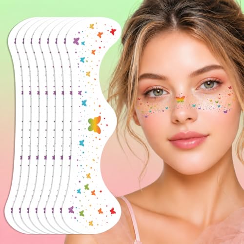 Artlunar 8Pcs Rainbow Butterfly Temporary Face Tattoos with Silver Glitter