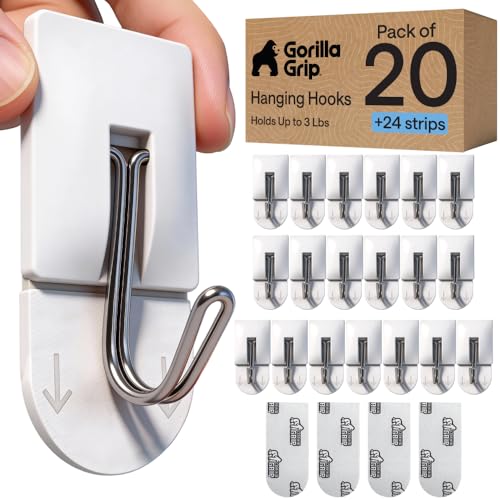 GORILLA GRIP 20 Pack Adhesive Wall Hooks, No Tools Required, White