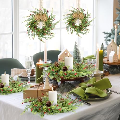Cedar Artificial Christmas Candle Rings Set of 12 - 9 Inch Wreaths with Berries Pinecones