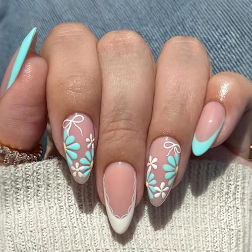Green French Tip Press On Nails Medium Almond Floral Fake Nails