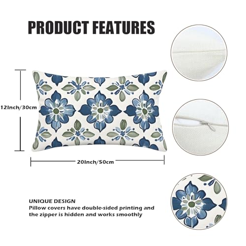 Tile Floral Lumbar Pillow Cover 12x20 Inch - Blue & Green Design