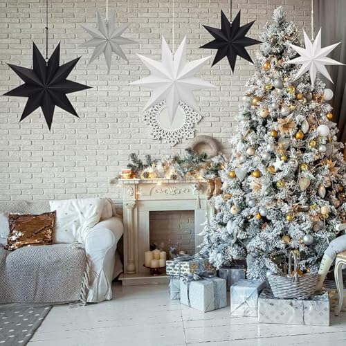 3-Pack 12-inch Paper Star Lantern Ornaments for Wedding Christmas Party - Grey Black White