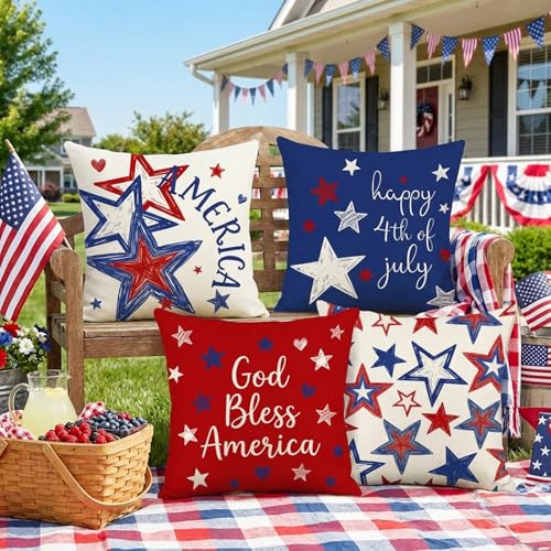 Honamonoy Patriotic Star Throw Pillow Covers 18x18 Inch Set of 4 - 4th of July & Independence Decor