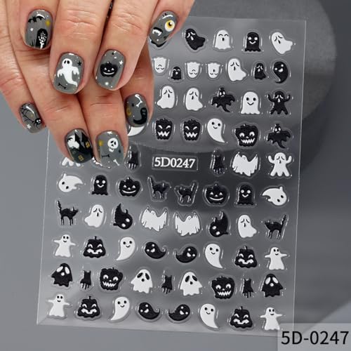 OSTTMA 3 Sheets 5D Embossed Halloween Nail Art Stickers - Horror Ghost, Pumpkin, Bat & Skull Self-Adhesive Decals for Manicure
