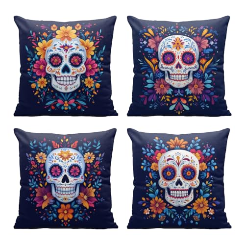 Sugar Skull Throw Pillow Covers 18x18 Inch - Set of 4 Floral Sofa Cases