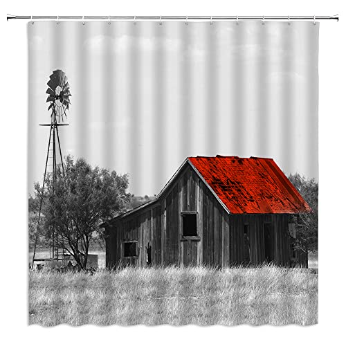 Rustic Farmhouse Barn Shower Curtain - Gray Red Vintage Country 71x71