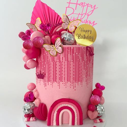 Hot Pink and Gold Ball Cake Topper Set with Palm Leaves for Party Decor