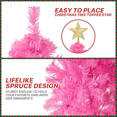 Pink 7ft Hinged Artificial Christmas Tree with Metal Stand - Slim & Easy Assembly