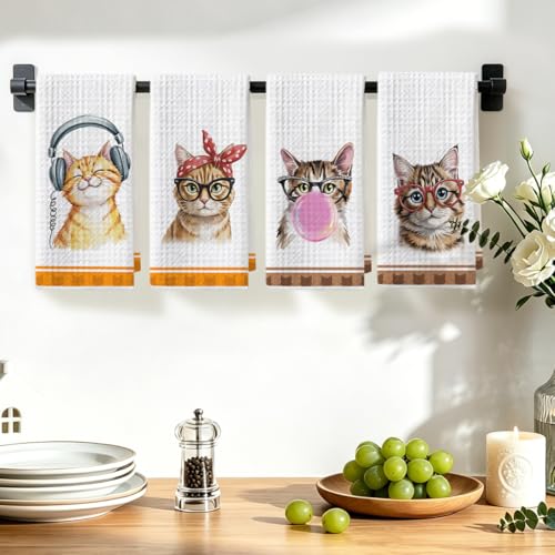 Hanamiya Na Multi 1350 Funny Cat Kitchen Towels, 4 Pcs 24x14 Inch