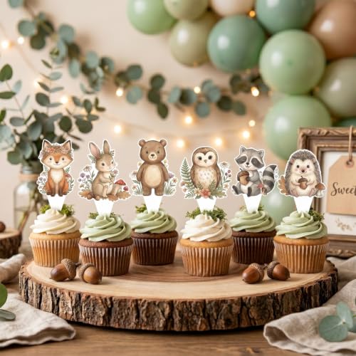 Woodland Baby Shower Cupcake Toppers 36 Pieces, Forest Animal Decor, Pre-Assembled