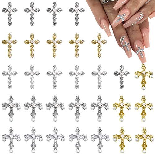 3D Cross Nail Charms Rhinestone Pearl Alloy Gems 30pcs DIY Nail Art Decor