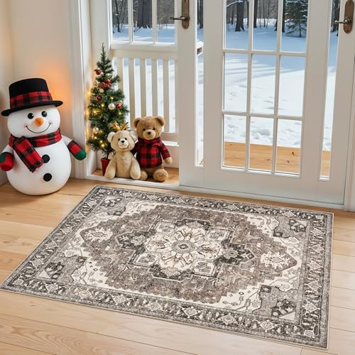 Washable Beige 2x3 Entryway Area Rug - Soft Non-Slip Mat