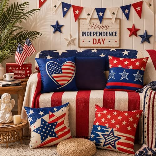 Patriotic 18x18 Linen Pillow Covers Set of 4 - Stars & Stripes