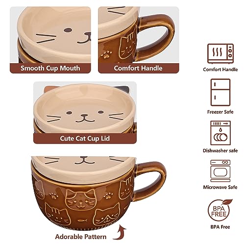 Brown Ceramic Cat Coffee Mug with Lid, Cute Gift for Cat Lovers