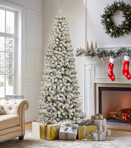 Pre-Lit Flocked Pencil Christmas Tree 7.5ft with 350 Lights and Remote - White / 7ft 6in