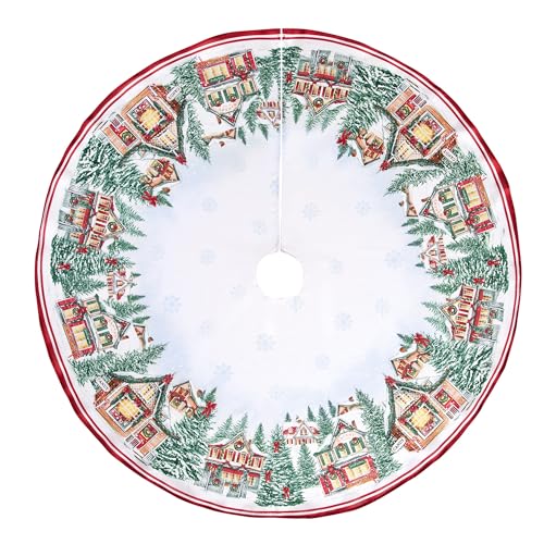 Christmas Tree Skirt 48 Inch Round Holiday Village Snow Scene Fabric Decor