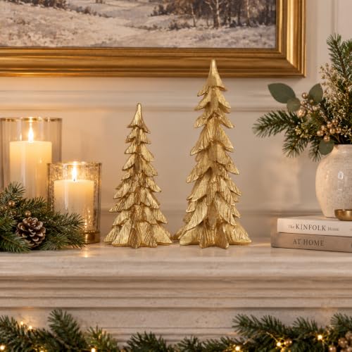Golden Resin Christmas Trees Set of 2 Indoor Holiday Decor