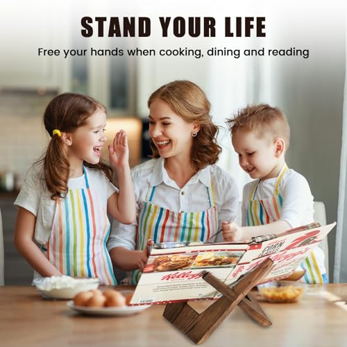Canareen Rustic Brown Wooden Cookbook Stand for Kitchen Counter - Recipe Book Holder