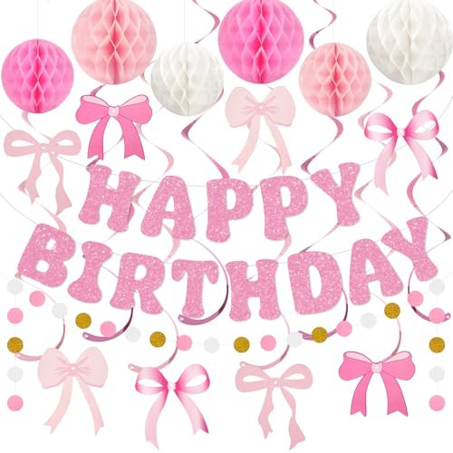 Amandir Pink Birthday Decorations Set with Glitter Banner & Bow Cutouts