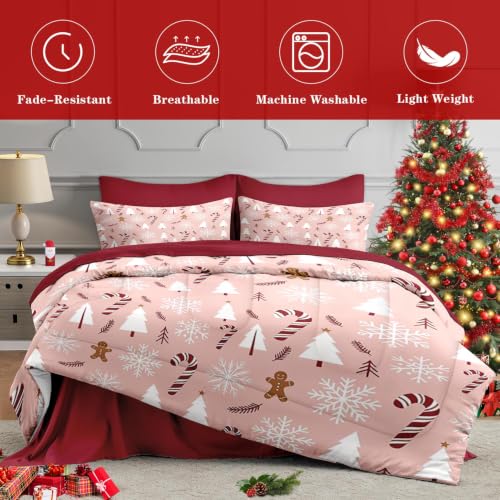 WeCozy King Christmas Comforter Set with Sheets - Pink Holiday Bedding, 7 Piece