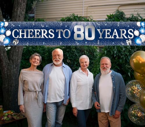 Blue Silver 80th Birthday Banner for Men & Women - 98x19.7 in