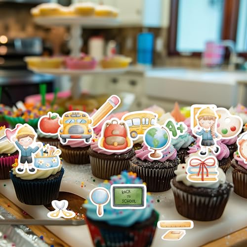 40PCS Edible Back to School Cupcake Toppers Wafer Paper Decorations