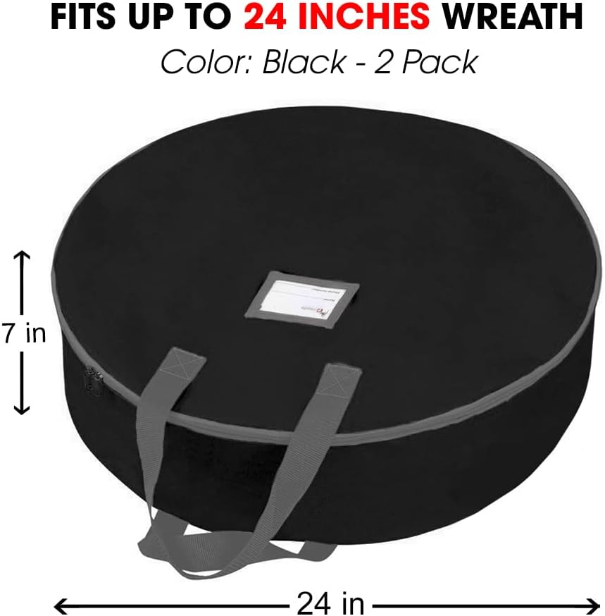 Primode Christmas Wreath Storage Bag - 24" Artificial Wreath Container with Dual Zipper & Sturdy Handles | Black, 2-Pack