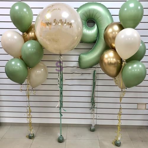 Sage Green Number 8 Balloon Set with Gold Confetti - 40" & 12"