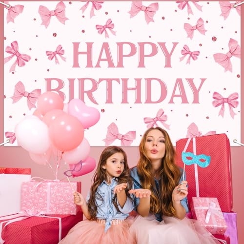 Pink Bow Happy Birthday Backdrop Banner - 71 x 43 Inch Fabric Decor