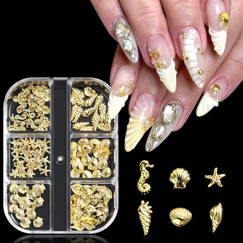 3D Gold Beach Nail Charms - Alloy Starfish & Seashell Ocean Art